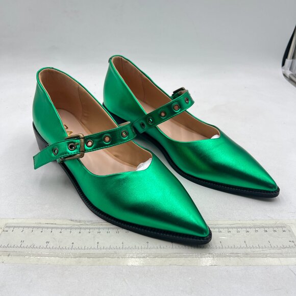 YDN Green Pointed Toe Mary Jane Chunky Heels Pumps Loafers Hollow Buckle Shoes - Picture 4 of 8